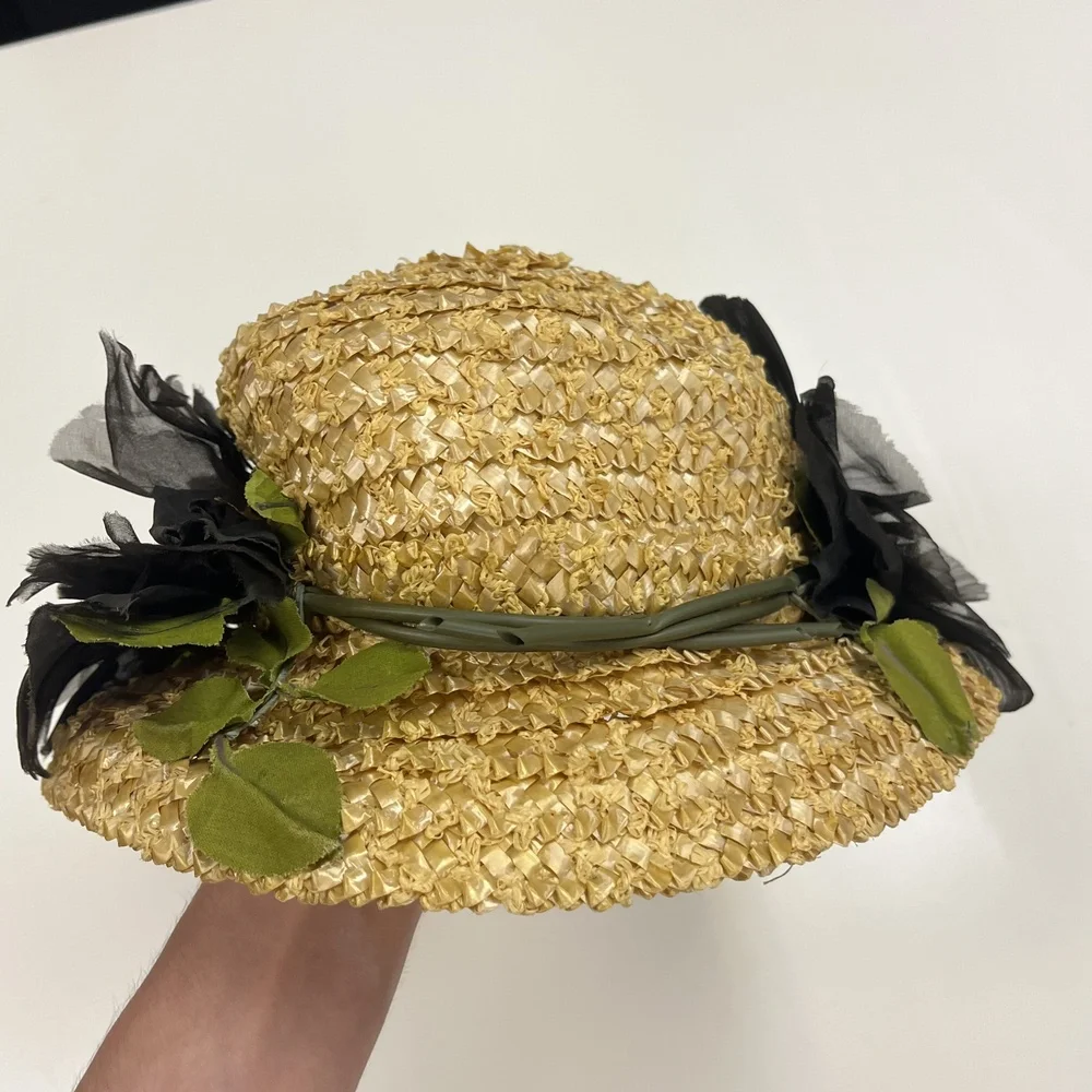 Vintage Mr Rickie Hat Cap Straw Floral Yellow Black Wide Brim Womens Spring 50s